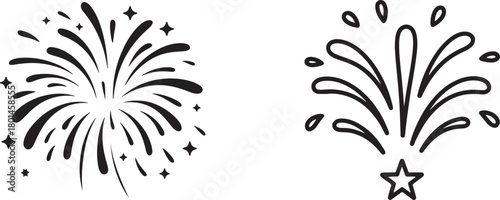 Two black line drawings show stylized fireworks with stars and droplets, set against transparency
