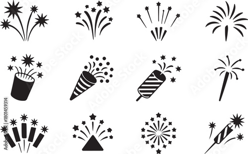 Various stylized black fireworks and confetti poppers celebrate joyous occasions on a transparent background