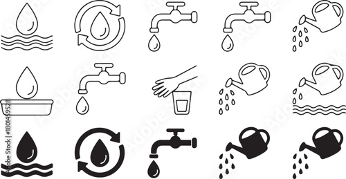 Various water elements like faucet, recycling symbol, drop, and watering can are isolated here