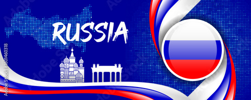 Russia Flag with Map and Famous Landmarks in Tricolor Abstract Background