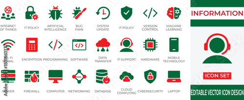 Minimal clean filled information technology icon set featuring digital systems, networking, cybersecurity, devices, and modern tech solutions.