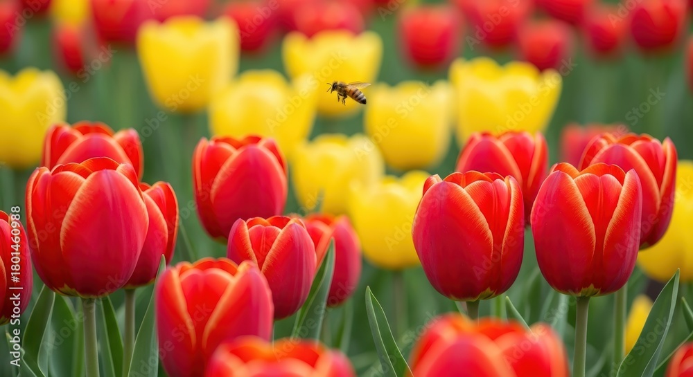 Fototapeta premium A vibrant field of red and yellow tulips in full bloom with a bee flying in the background.