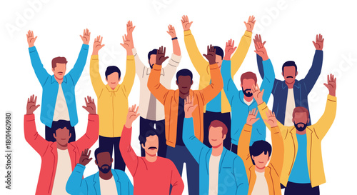 Diverse group of men cheering with raised hands
