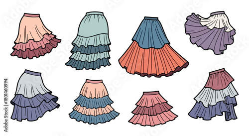 Colorful layered skirts fashion collection with transparent background