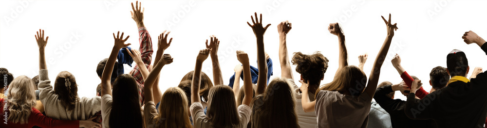 Fototapeta premium Collage of diverse audience cheering with raised hands in celebratory mood on transparent background. Concept of festivals, events, crowd engagement, positive emotion. 11 models