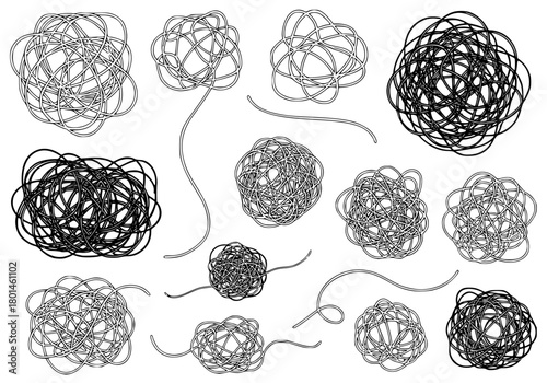 A large collection of hand-drawn, abstract, chaotic, tangled ball shapes, ball, illustration, knot, line, rope, string, wire, against transparent background