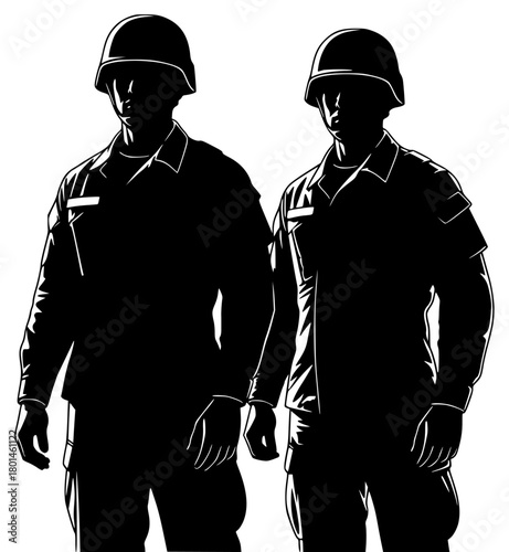 Two silhouettes of soldiers in military uniforms standing side by side, black, construction worker, guard, helmet, illustration, man, profile, stand, uniform, wear, against transparent background