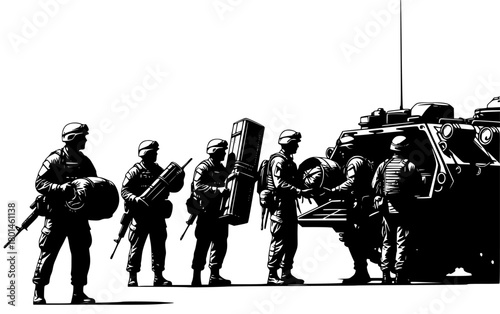 A line of soldiers carrying heavy equipment in front of a military vehicle, army, equipment, guard, gun, illustration, man, rifle, soldier, stand, tank, vehicle, weapon, against transparent background