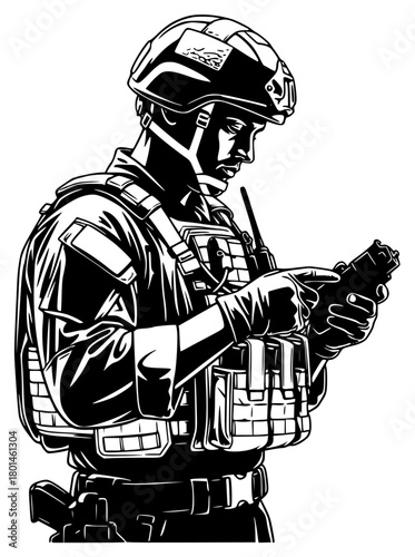 A black and white illustration of a soldier using a smartphone while wearing tactical gear, army,  gun, helmet, illustration, radio, rifle, soldier, uniform, weapon, against transparent background