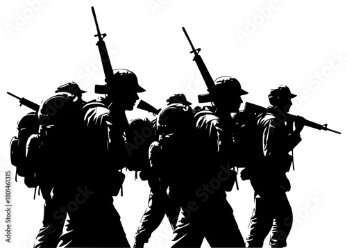 A group of soldiers walking in a line, silhouetted against a , army, black, formation, gun, machine gun, man, profile, rifle, soldier, troop, walk, weapon, against transparent background