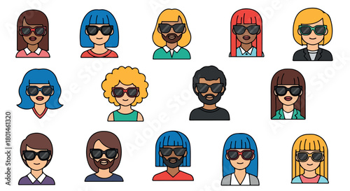 Diverse faces with sunglasses, flat style