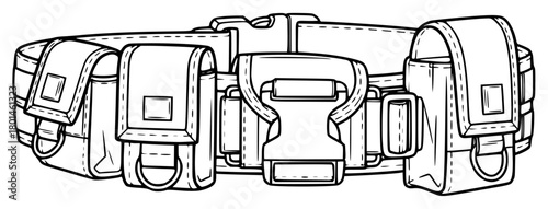 A black and white line drawing of a belt with multiple pockets, backpack, bag, draw, drawing, duffel, illustration, messenger bag, pocket, satchel, sketch, strap, against transparent background