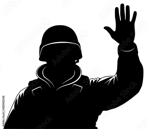 A silhouette of a soldier waving with a helmet and coat, black, hand, helmet, man, profile, snowboarder, wear, against transparent background