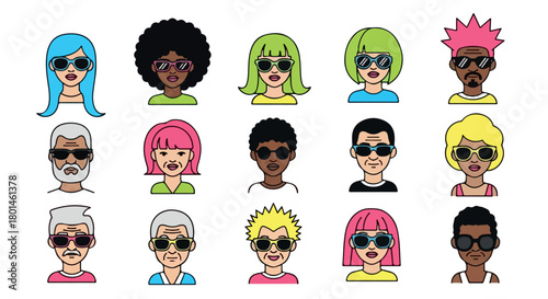 Diverse faces with sunglasses, various hairstyles
