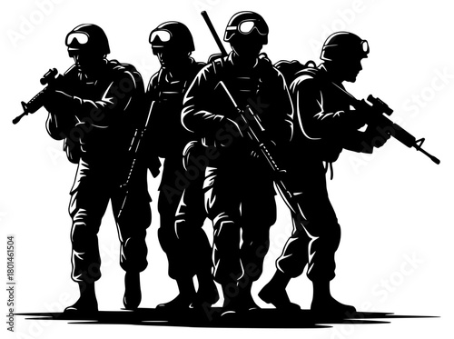 A group of soldiers silhouetted in a line, each holding a weapon and wearing tactical gear, army, equipment, gun, illustration, man, profile, rifle, soldier, weapon, against transparent background