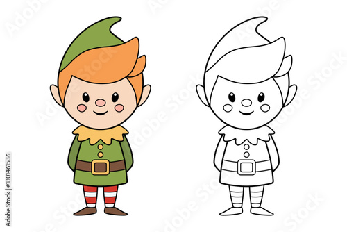 Cute cartoon elf character standing, with colored and outline versions for children to color