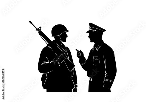 Two silhouettes of soldiers engaged in a conversation, one holding a rifle and the other in uniform, army, gun, man, officer, police, rifle, soldier, stand, uniform, weapon, transparent background