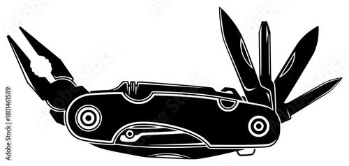 A black and white silhouette of a multi-tool with rabbit ears, black, blade, illustration, profile, tool, against transparent background