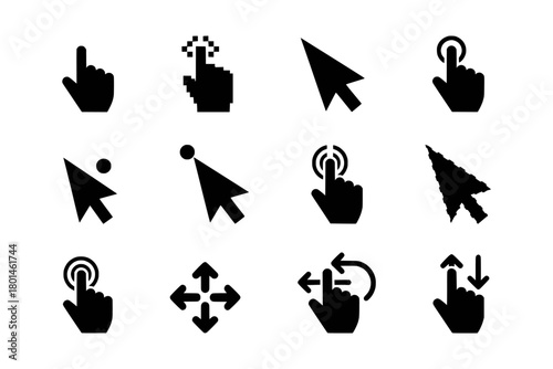 Diverse collection of black vector cursor and pointer icons representing various digital user interface interactions and navigation actions, ideal for web design and software development