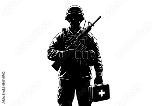A silhouette of a soldier holding a rifle and carrying a first aid kit, army, black, briefcase, catch, doctor, gun, man, profile, rifle, soldier, stand, uniform, weapon, against transparent background