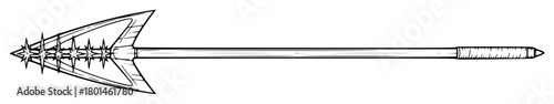 A black and white line drawing of a spearhead, arrow, blade, boat, dart, drawing, illustration, oar, pencil, propeller, sketch, spear, tool, weapon, against transparent background