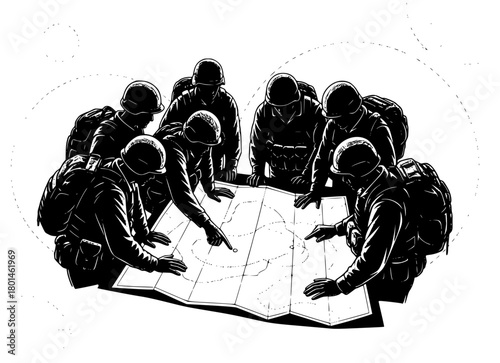 A group of soldiers looking at a map in a circle, astronaut, black, illustration, man, map, person, against transparent background