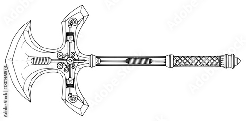 A detailed line drawing of an ancient battle axe, ax, blade, dagger, drawing, illustration, shield, sword, weapon, against transparent background