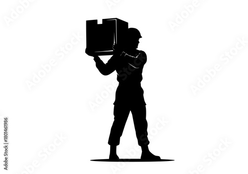 A silhouette of a soldier carrying a large box, box, cardboard box, carry, catch, head, man, package, profile, against transparent background
