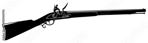 A black and white silhouette of a flintlock rifle, black, gun, handgun, illustration, machine gun, profile, rifle, shotgun, toy gun, weapon, against transparent background