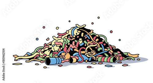 Tangled wires and cables pile with scattered confetti