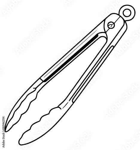 A line drawing of a kitchen utensil, specifically a pair of tongs, black, blade, brush, handle, illustration, plier, scissors, shear, tool, against transparent background