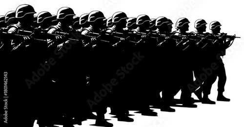A line of soldiers marching in a line, army, black, guard, gun, line, man, march, parade, person, profile, rifle, row, salute, soldier, stand, troop, weapon, against transparent background
