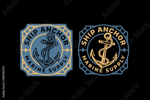 Anchor ship retro badge logo vector design set for adventure. Mooring anchor vintage patch illustration pack for sailing. Nautical anchor emblem sticker element design for coastal outdoor