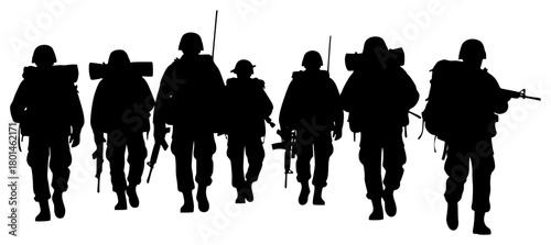 A group of soldiers walking in a line, silhouetted against a , army, gun, man, person, profile, rifle, soldier, walk, weapon, against transparent background