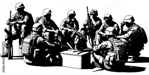A group of soldiers in silhouette sitting and standing around a table, engaged in a tactical situation, army, black, gun, man, person, rifle, sit, soldier, weapon, against transparent background