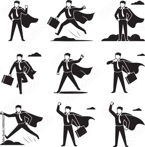 Powerful business hero icons conquer challenges