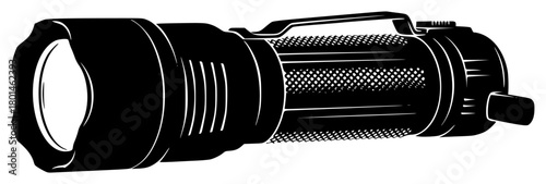 A black and white illustration of a flashlight, attach, black, hose, illustration, lens, reel, torch, against transparent background