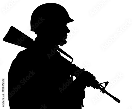 A silhouette of a soldier holding a rifle, facing away from the viewer, army, gun, helmet, instrument, machine gun, man, play, profile, rifle, soldier, trumpet, weapon, against transparent background