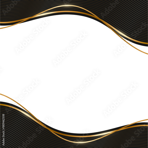 Black and gold wave frame background. Elegant wavy lines with metallic highlights curve around empty center for text placement. Luxury border template. Vector illustration.
