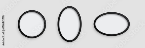 Photo frames. Black certificate or picture minimalist frames of round and oval shapes isolated on light . Empty gallery mockup. 3d realistic vector illustration.