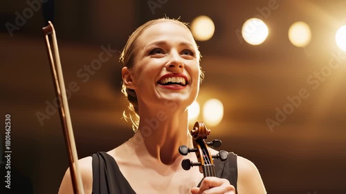 Violinist Plays an Instrument and Smiles on Stage Under Bright Lights