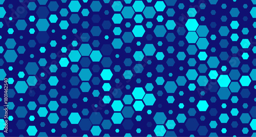 Honeycomb pattern background with random blue hexagonal shapes. Abstract geometric texture in modern gradient tones creating futuristic mosaic style. Seamless vector illustration.