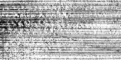 Grunge horizontal lines texture background. Distressed black scratch pattern resembling static noise or wood grain. Vintage TV glitch effect. Vector illustration.