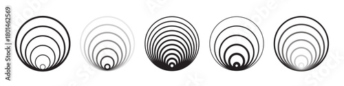 Black half concentric circle icons with gradient thickness and contrast. Round sound wave patterns. Pain symbols. Simple monochrome graphic set. Vector illustration.