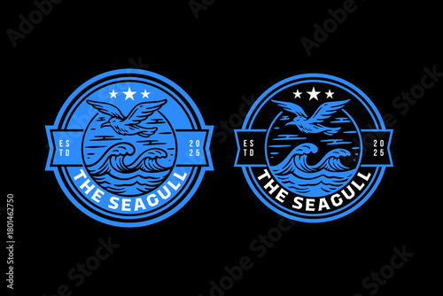 Seagull marine bird with sea wave retro badge logo design set for adventure. Flying gull seabird with shoreline vintage patch illustration pack for outdoor. Coastal bird emblem sticker element design