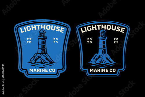 Marine lighthouse with sea retro badge logo vector design set for adventure. Beacon tower sturdy vintage patch illustration pack. Seacoast light tower emblem sticker elements. Shoreline navigation