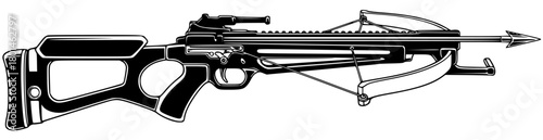 A black and white illustration of a crossbow, archery, arrow, black, bow, gun, illustration, machine gun, profile, rifle, tool, toy gun, weapon, against transparent background
