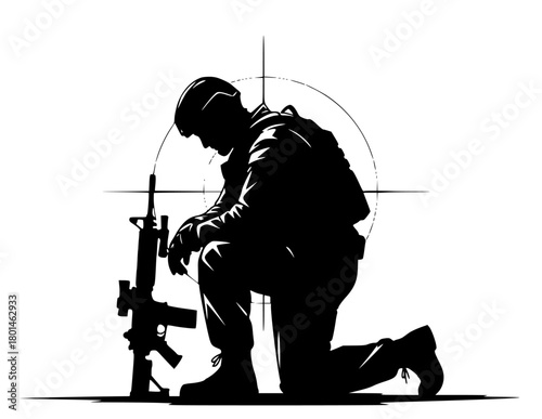 A silhouette of a soldier kneeling with a rifle in front of a target, army, equipment, floor, gun, machine gun, man, profile, radio, rifle, soldier, squat, weapon, against transparent background