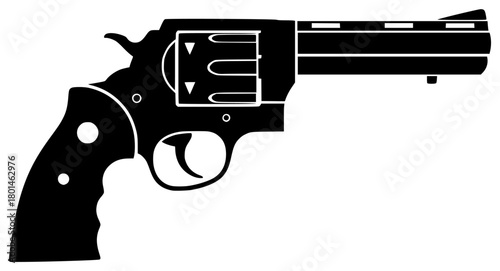 A black and white silhouette of a revolver, black, bullet, flat, gun, handgun, icon, illustration, profile, toy gun, weapon, against transparent background