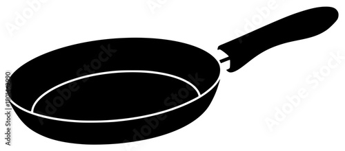 A black and white silhouette of a frying pan with a handle, black, flat, frying pan, icon, illustration, kitchenware, pan, profile, wok, against transparent background